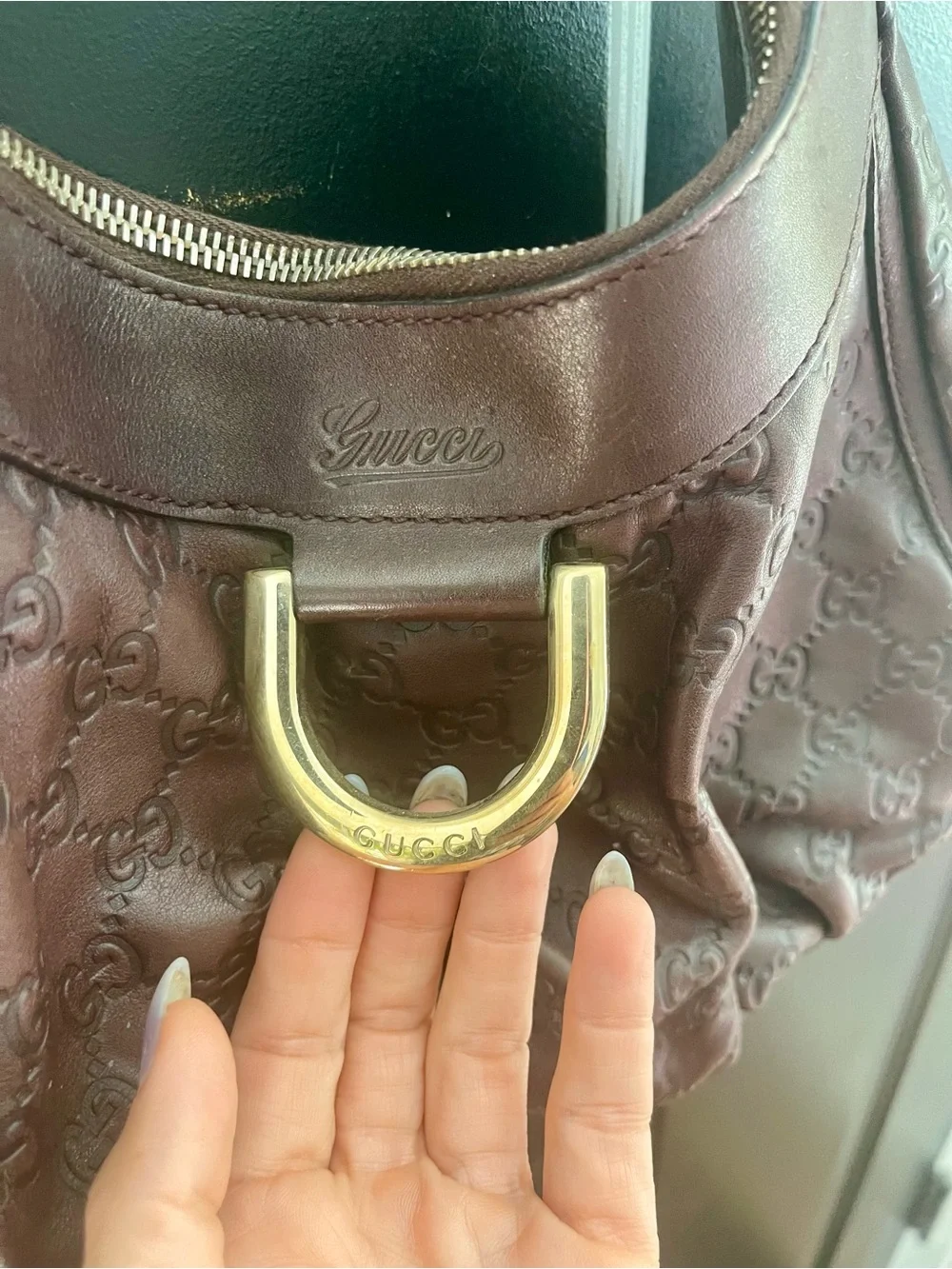 Gucci Brown Leather Monogram Hobo with Gold Hardware